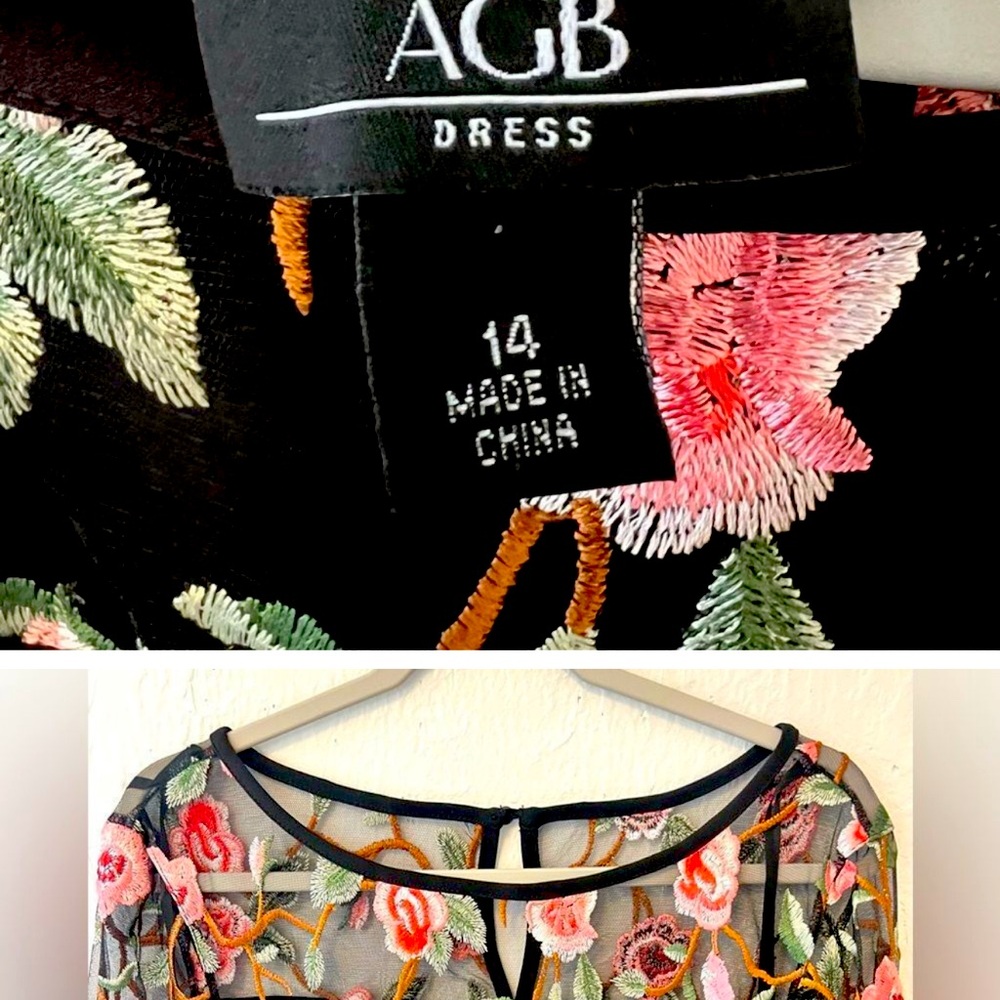 AGB Black Shift Dress with Sheer Floral Sleeves Special Occasions Size 14
